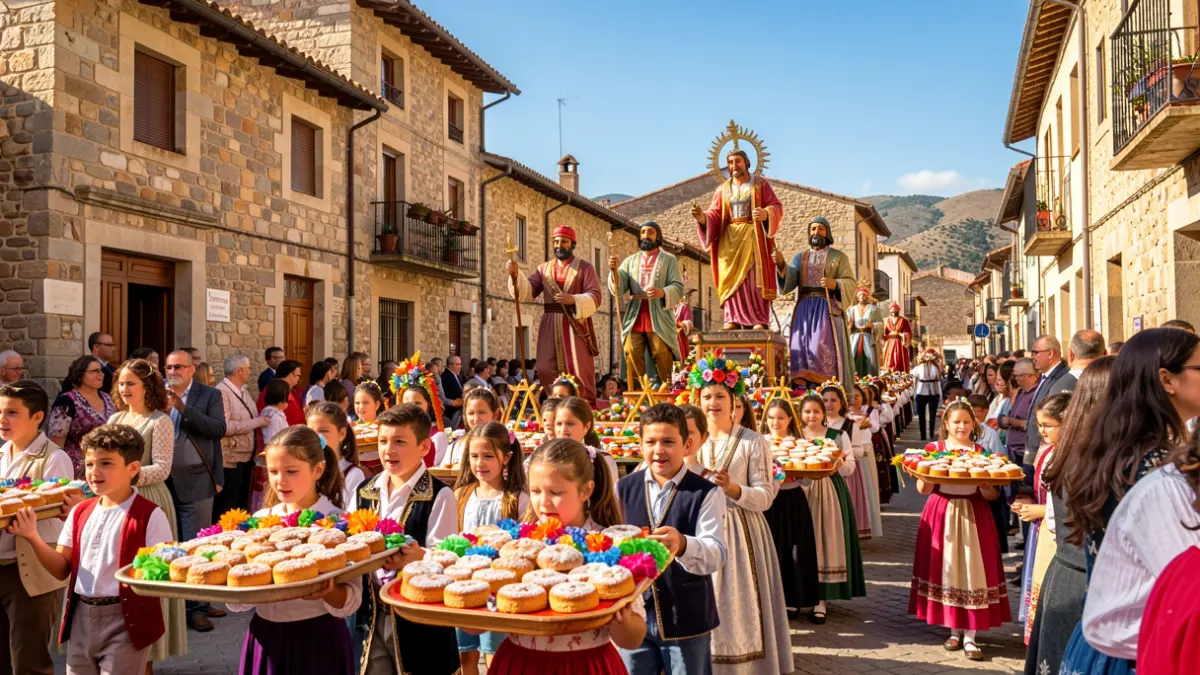 Children participating in the Enramada de Corpus tradition in Guissona with offerings.