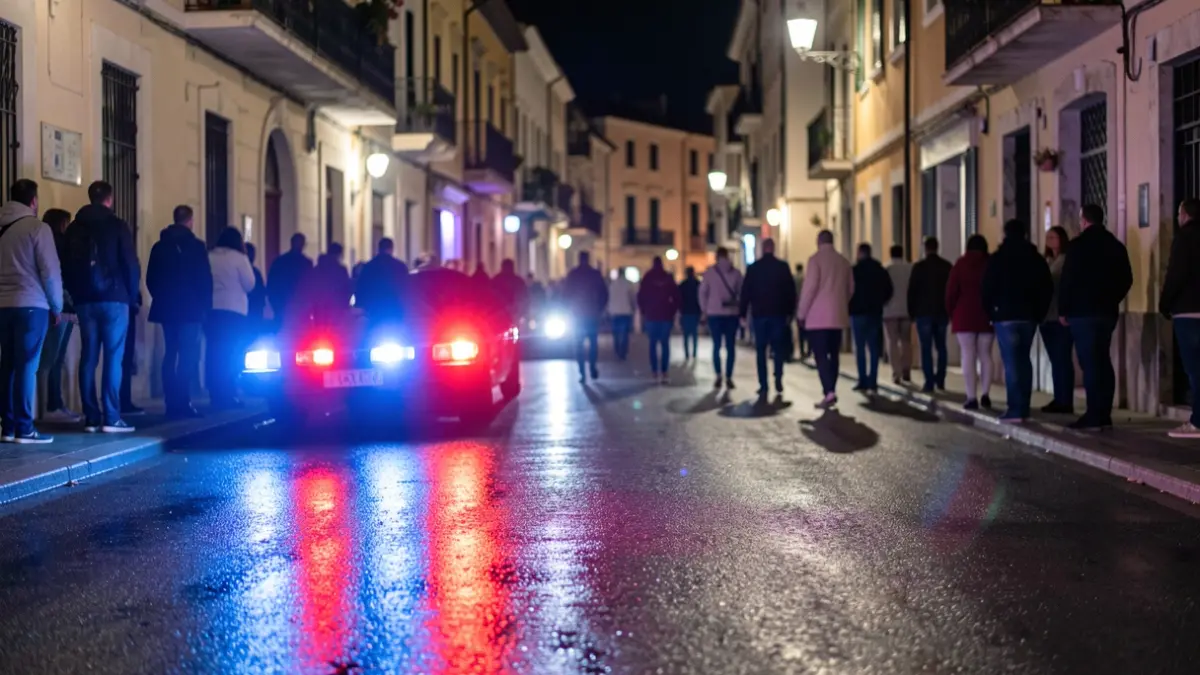 Imatge genèrica de llums d'emergència policials reflectint-se en asfalt mullat.