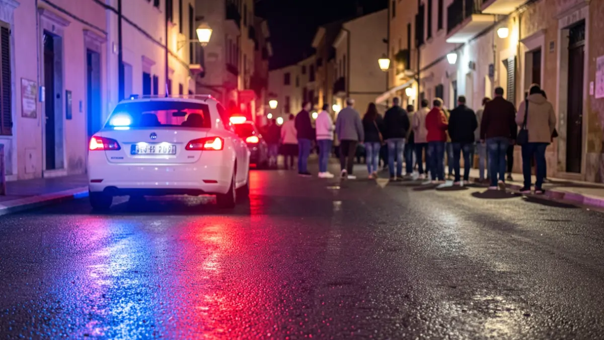Imagen genérica de luces de emergencia policiales reflejándose en asfalto mojado por la noche.