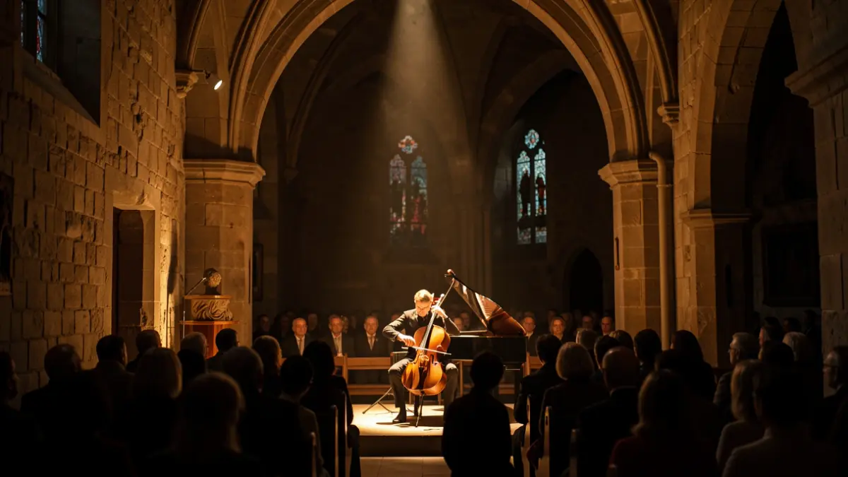 Interior d'una església il·luminada per focus, amb una violoncel·lista tocant davant d'un públic difuminat.