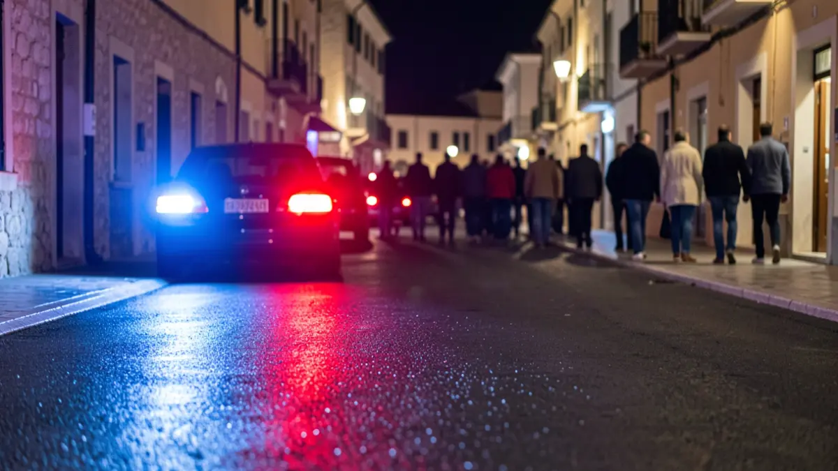 Imagen genérica de luces de emergencia policiales reflejándose en asfalto mojado por la noche.