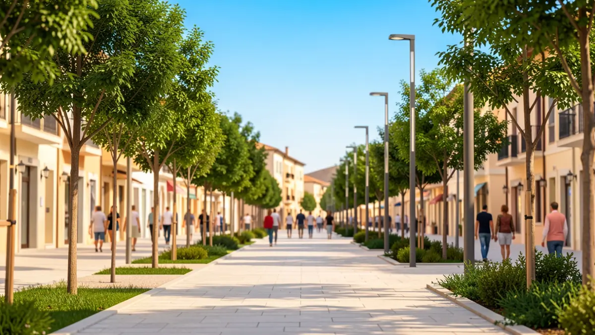 Imatge genèrica d'un carrer reformat amb arbres nous i enllumenat modern.