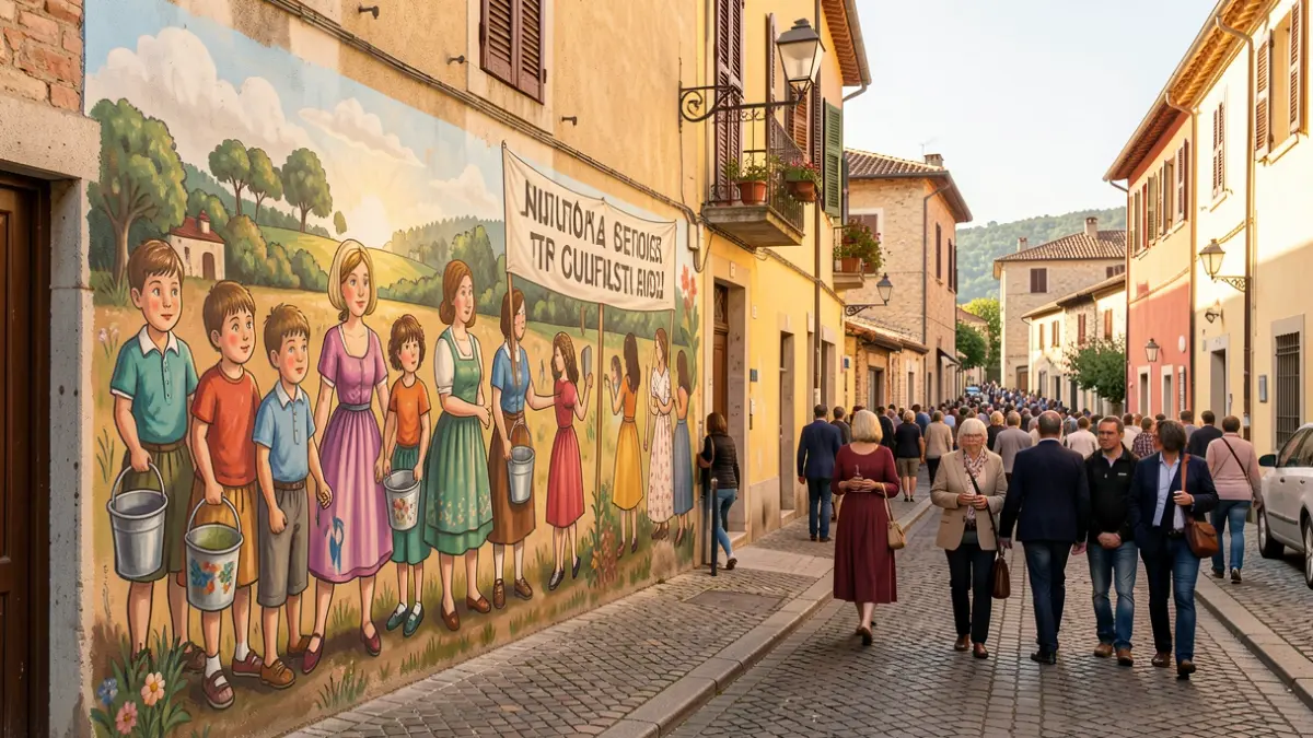 Mural comunitari que representa la infància, dones amb galledes i una pancarta reivindicativa.