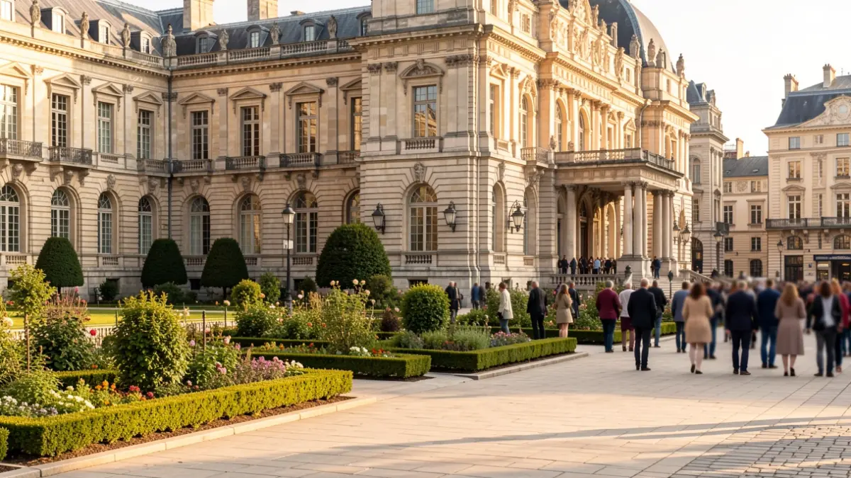 Generic image of a historic palace facade with gardens and a public square.