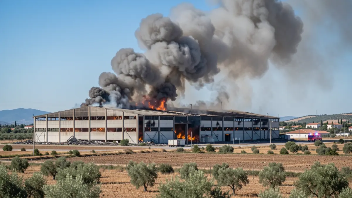 Imatge genèrica d'un incendi industrial amb fum dens.