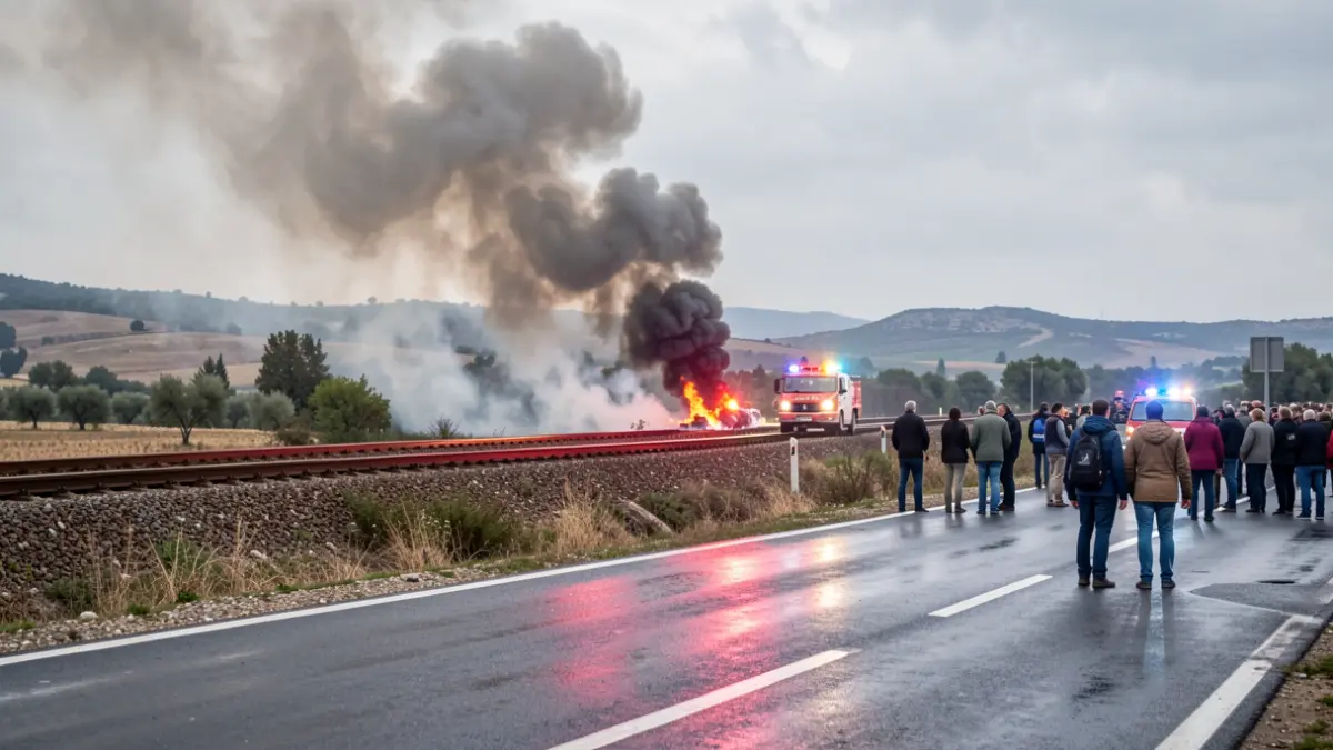 Generic image of smoke from a fire near railway tracks in a rural Mediterranean landscape.