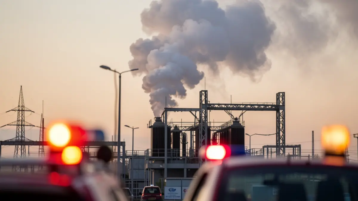 Generic image of smoke emerging from a transformer station with emergency lights.