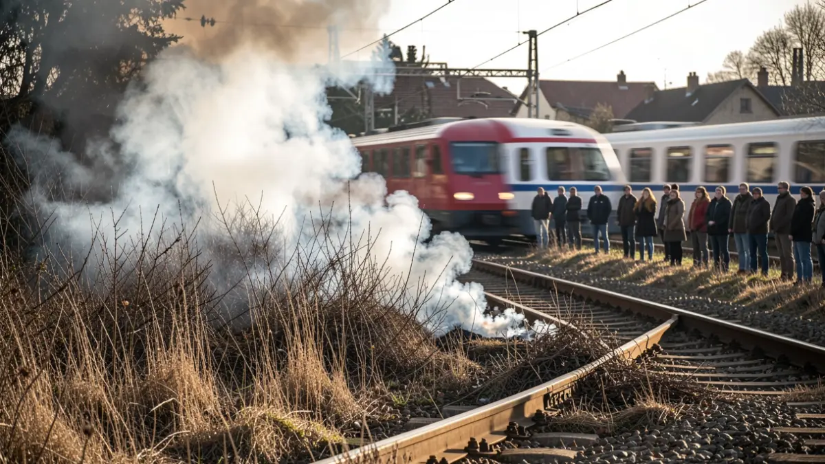 Generic image of smoke rising from brush near train tracks.