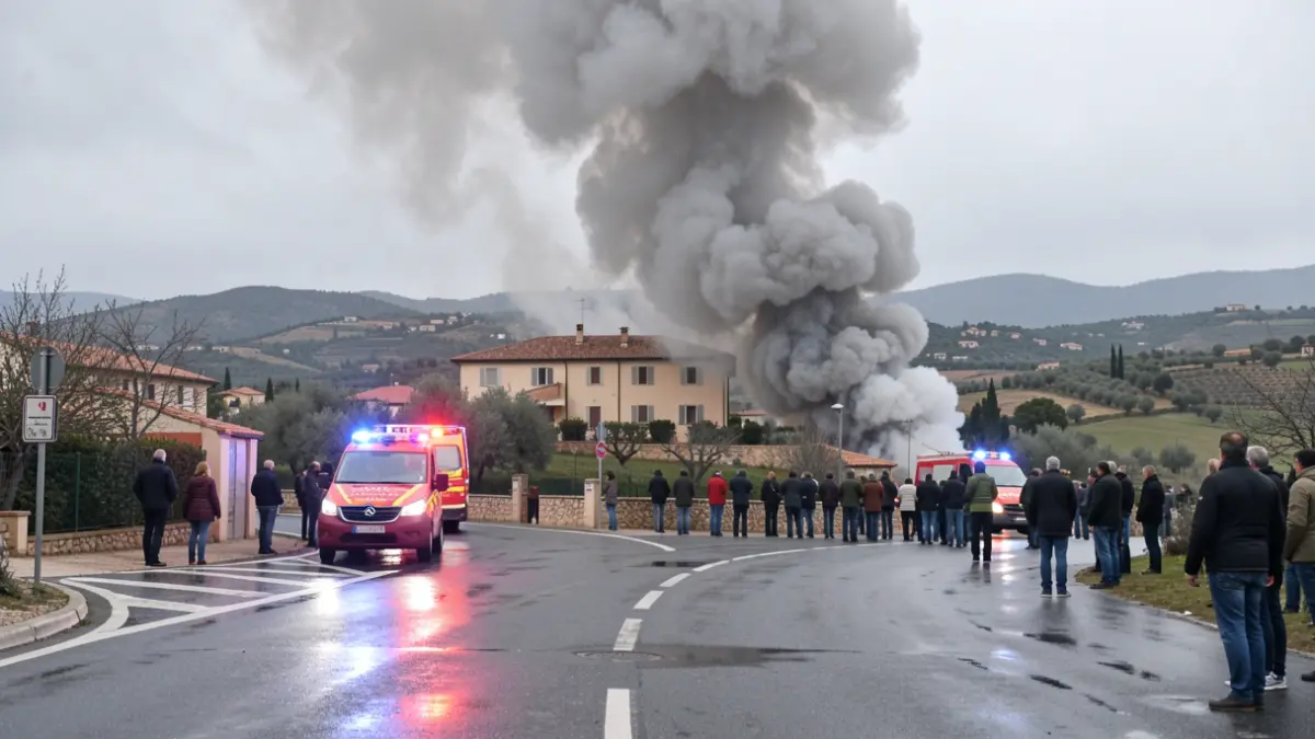 Thick column of smoke rising from a burning building, with emergency lights reflecting on wet asphalt.