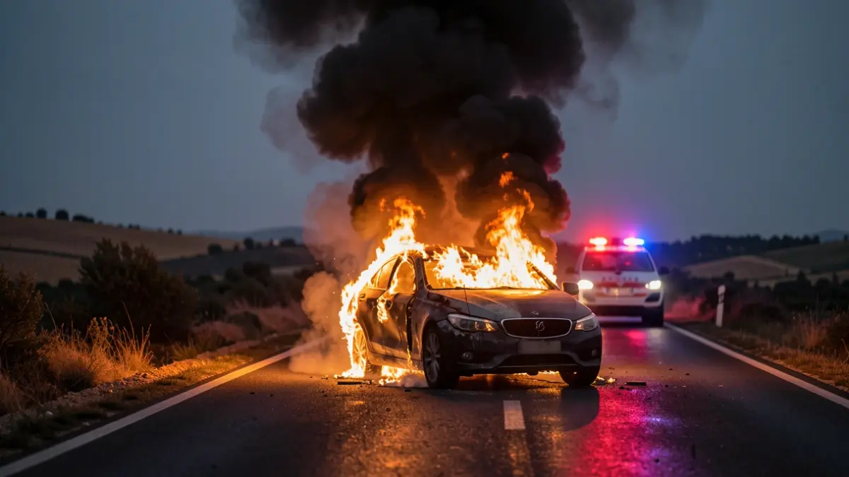 Generic image of a car on fire at night with black smoke and emergency lights.