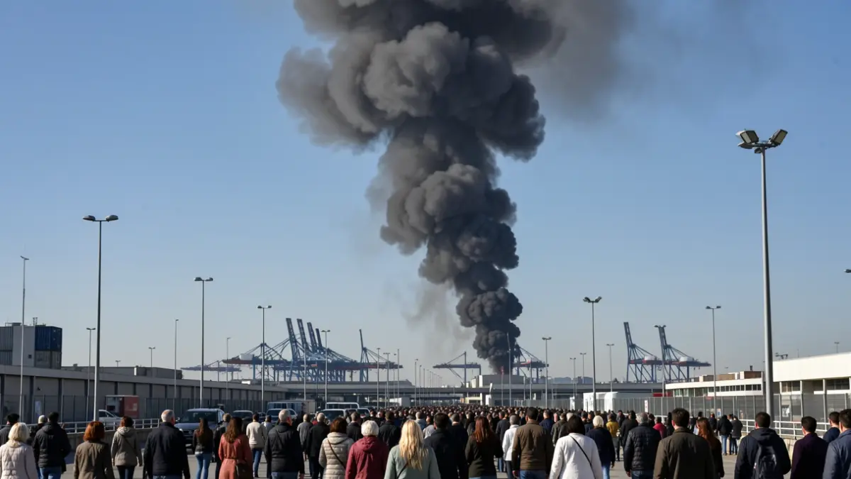 Column of black smoke over Barcelona's Zona Franca.