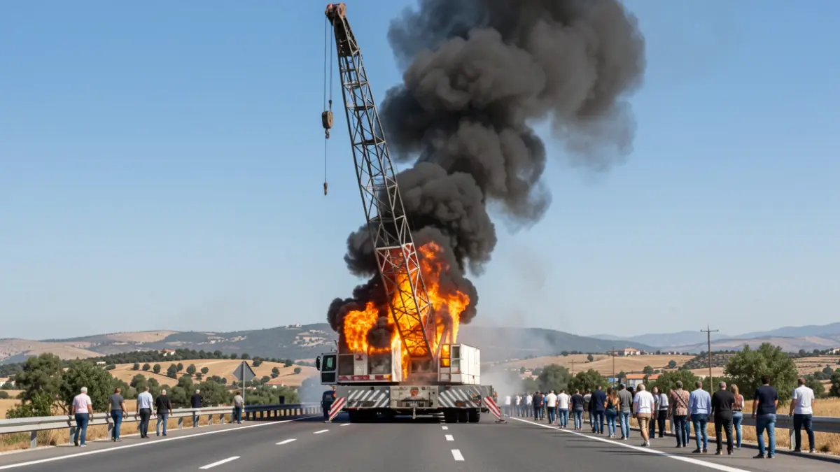 Imatge genèrica d'un incendi d'una grua en una carretera.