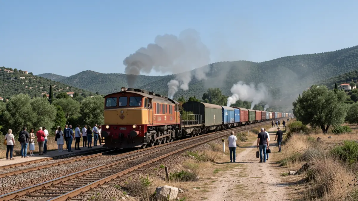 Generic image of a freight train on fire stopped on the tracks.
