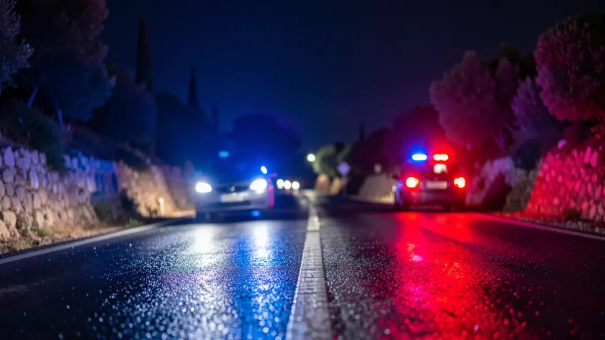 Imatge genèrica de llums d'emergència reflectint-se en una carretera mullada a la nit.