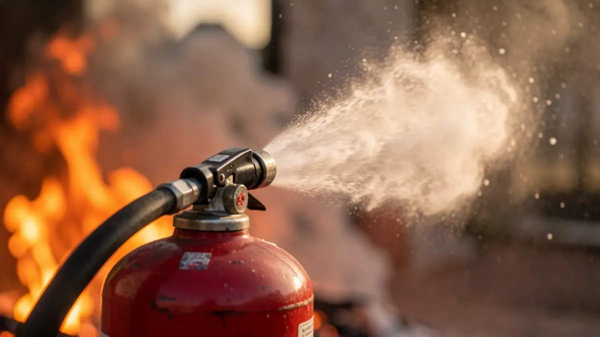 Extintor ruixant escuma davant d'un incendi i fum.