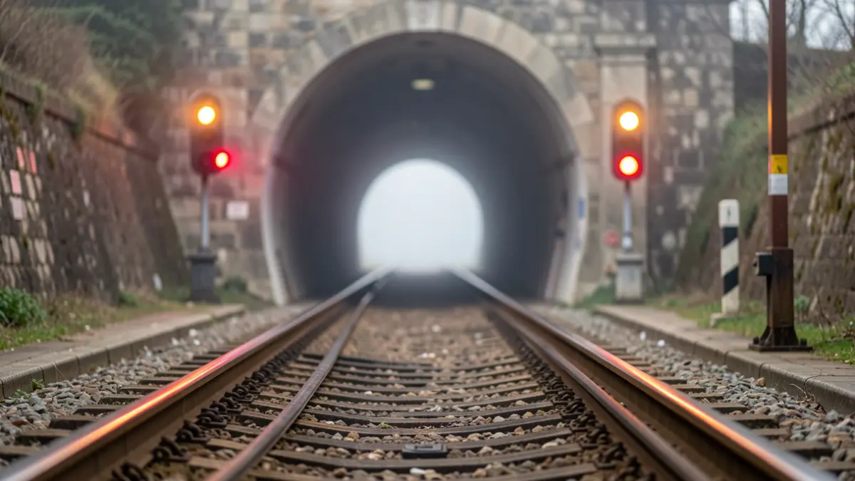 Imagen genérica de vías de tren entrando en un túnel con luces de advertencia.