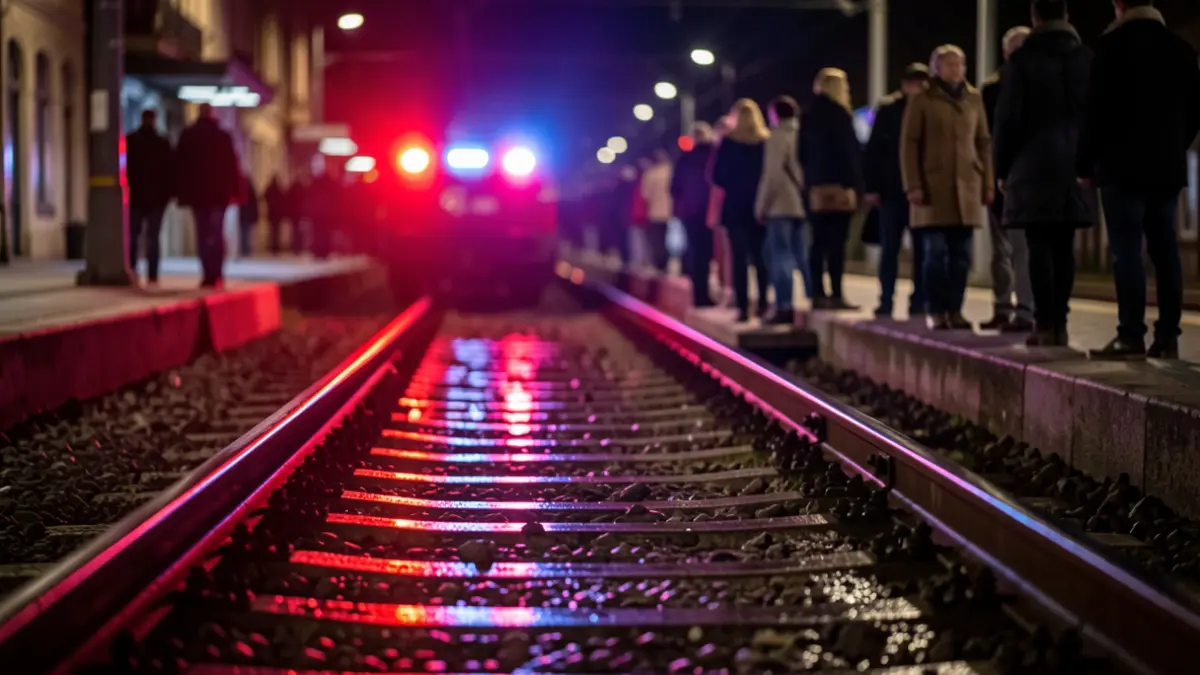 Generic image of train tracks with emergency lights.