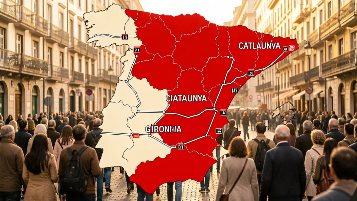 Mapa de Catalunya destacat en vermell sobre un mapa d'Espanya, mostrant els corredors d'autobusos previstos i l'exclusió de la província de Girona.