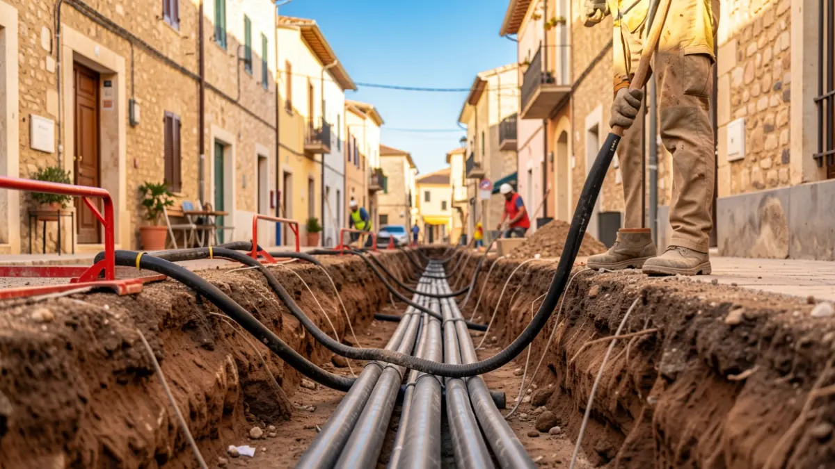 Imatge genèrica d'obres de subministrament elèctric en un carrer d'un poble mediterrani.