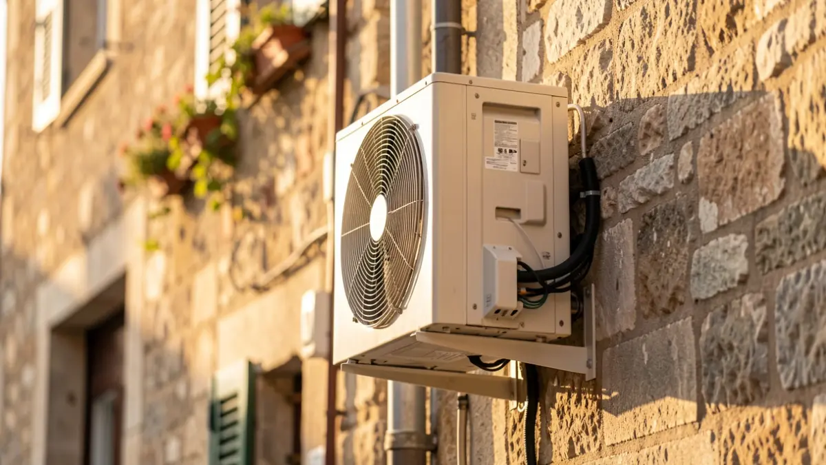 Imatge genèrica d'un aparell d'aire condicionat instal·lat en una façana.