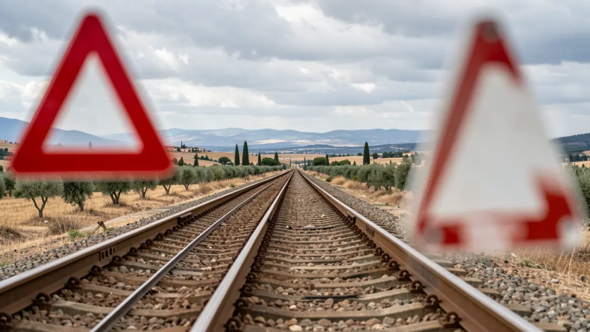 Imagen genérica de vías de tren con una señal de advertencia.
