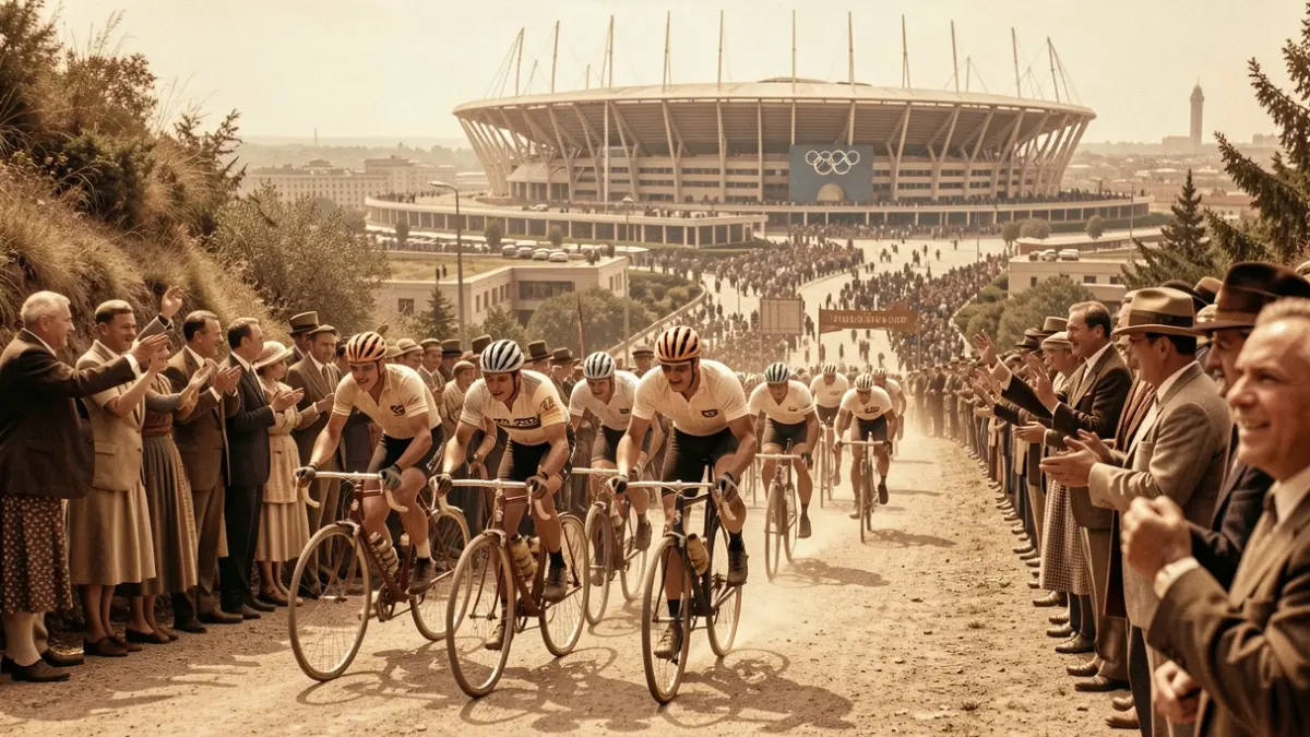 Imatge històrica d'una cursa ciclista a Montjuïc, Barcelona, amb espectadors.