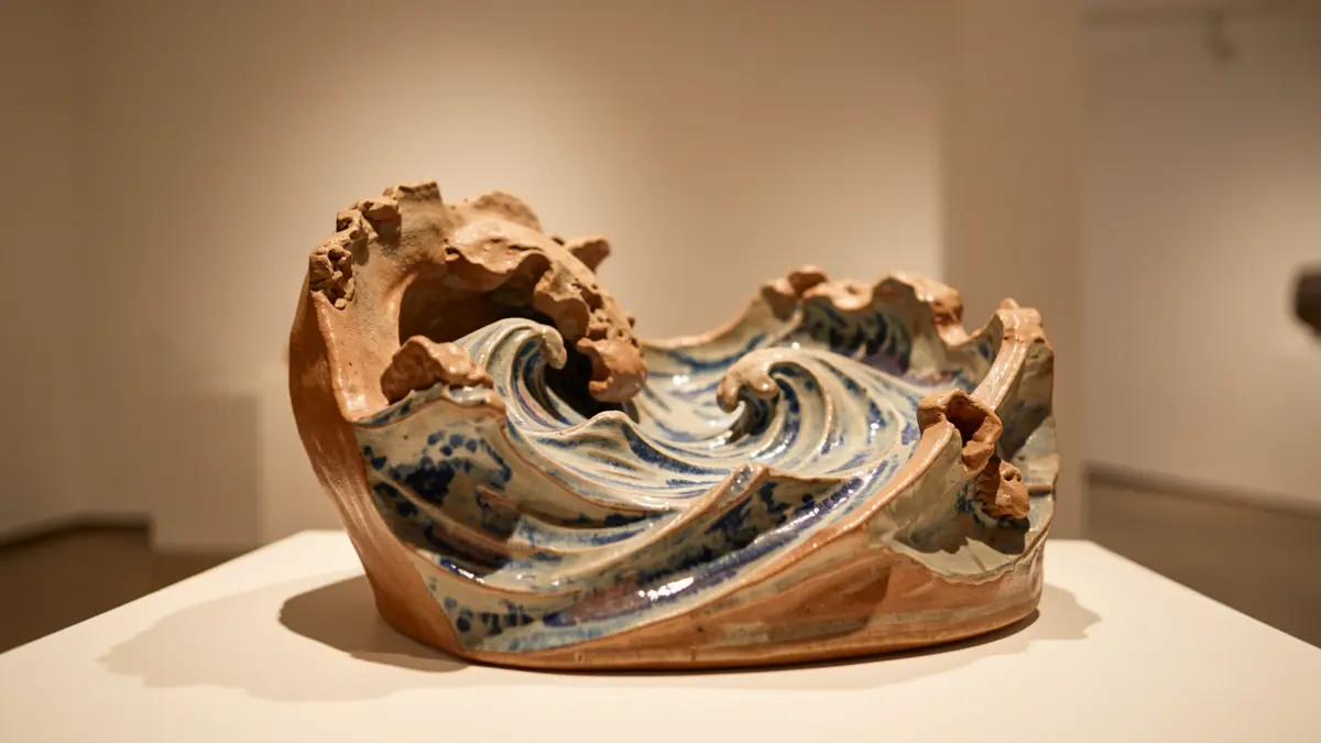 Ceramic sculpture of a turbulent Mediterranean sea with abstract forms.
