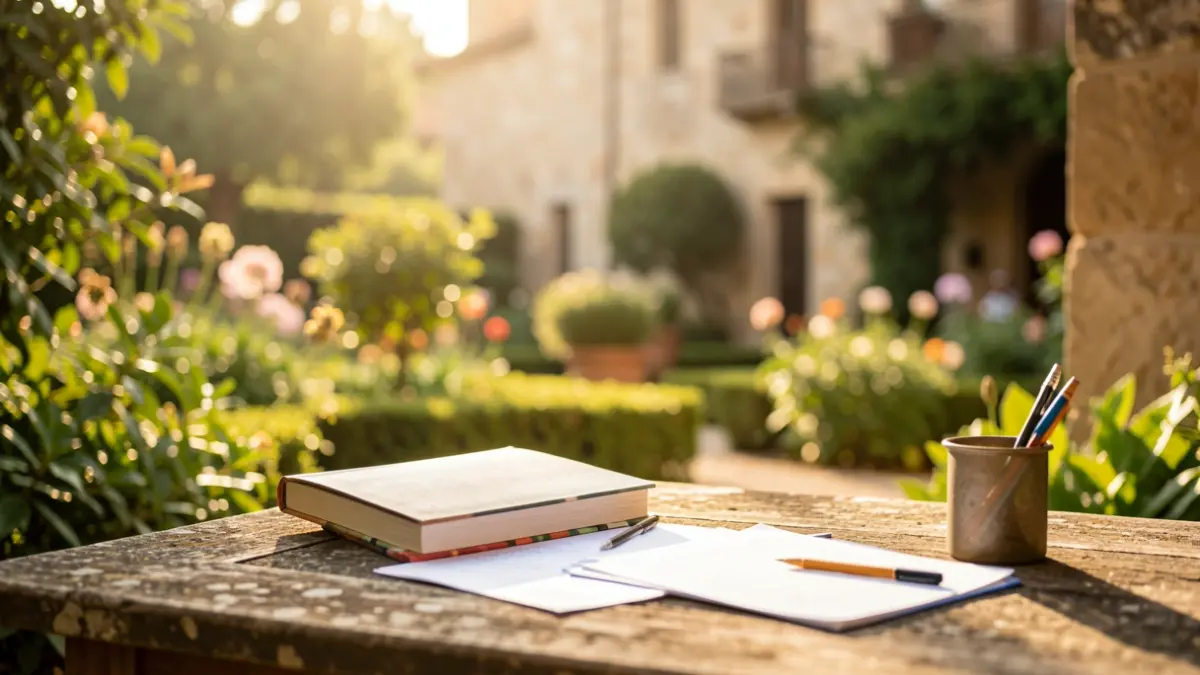 Imatge genèrica d'un jardí català amb un llibre i notes sobre una taula.