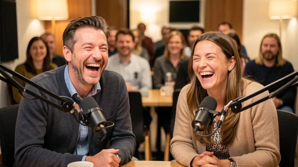 Imagen genérica de dos personas riendo en un estudio de podcast.
