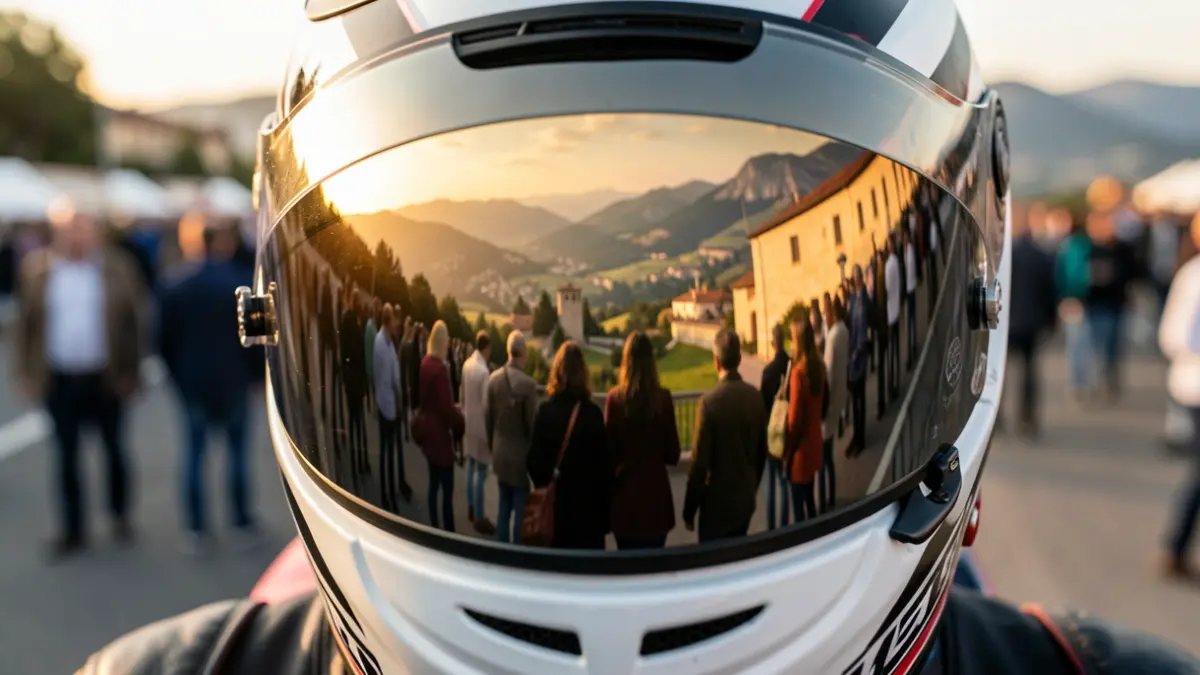 Motorcycle helmet visor reflecting a Catalan landscape at sunset.