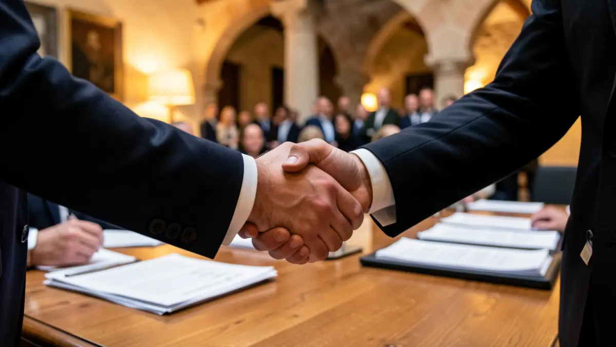 Generic image of two people shaking hands at an official event.
