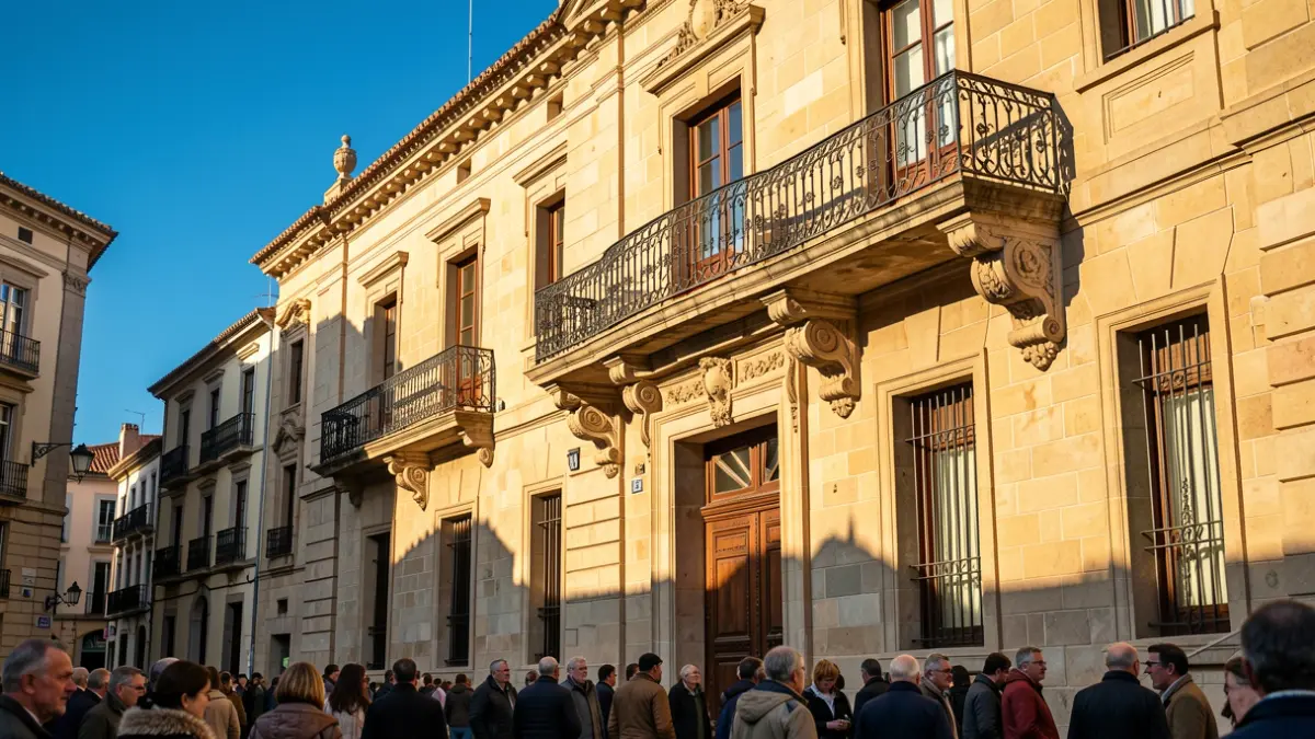 Generic image of a Catalan stone town hall facade with a balcony.