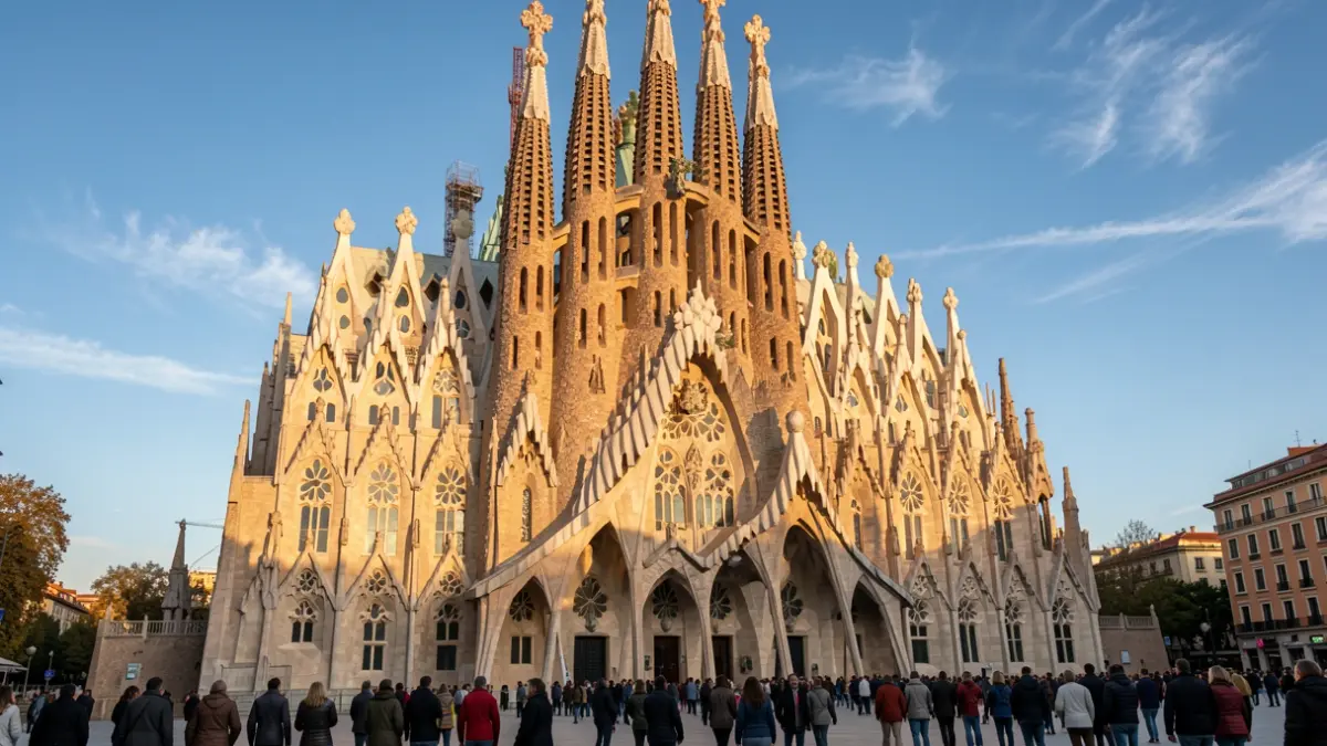 Fachada de la Sagrada Familia bajo la luz dorada del atardecer.