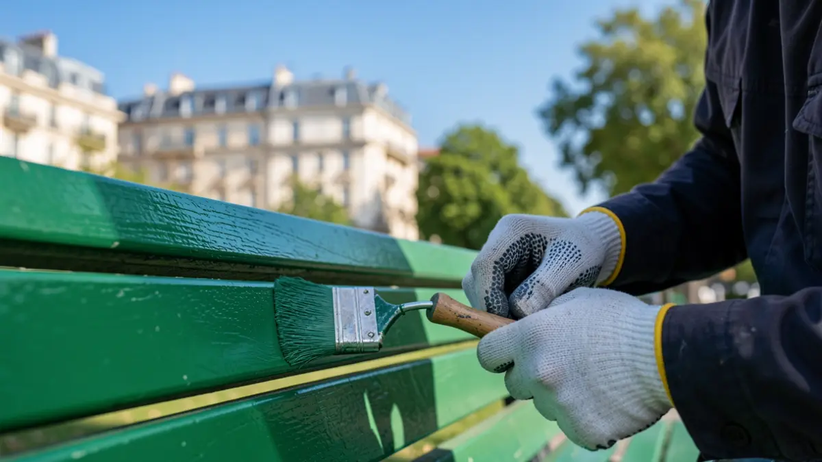 Joves pintant un banc públic com a part d'un programa de formació i millora de l'espai públic a Tarragona.