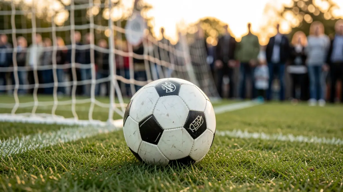 Generic image of a soccer ball on grass with the goal net blurred.