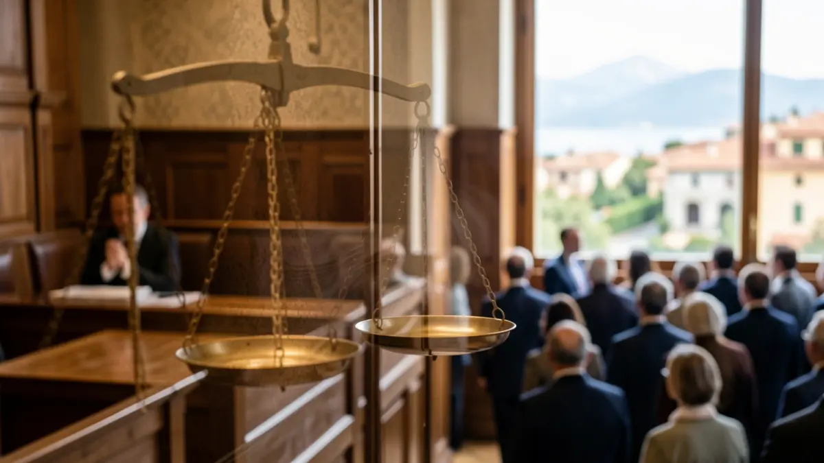 Abstract image representing justice and vulnerability, with blurred elements of a courtroom and a Mediterranean landscape.