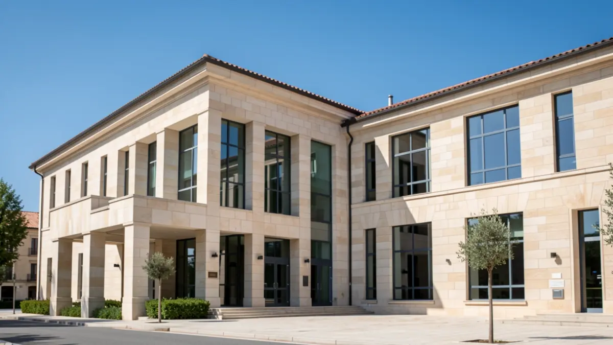 Imagen genérica de un edificio judicial moderno con fachada de piedra.