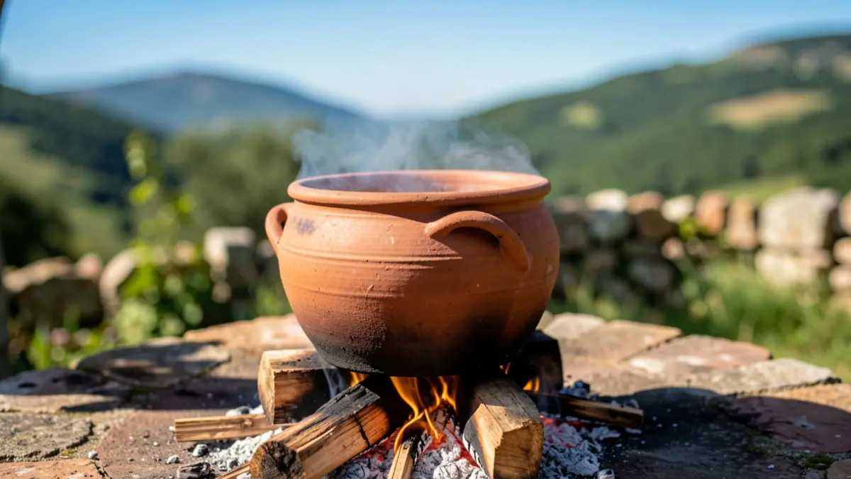 Generic image of a pot cooking over a wood fire.