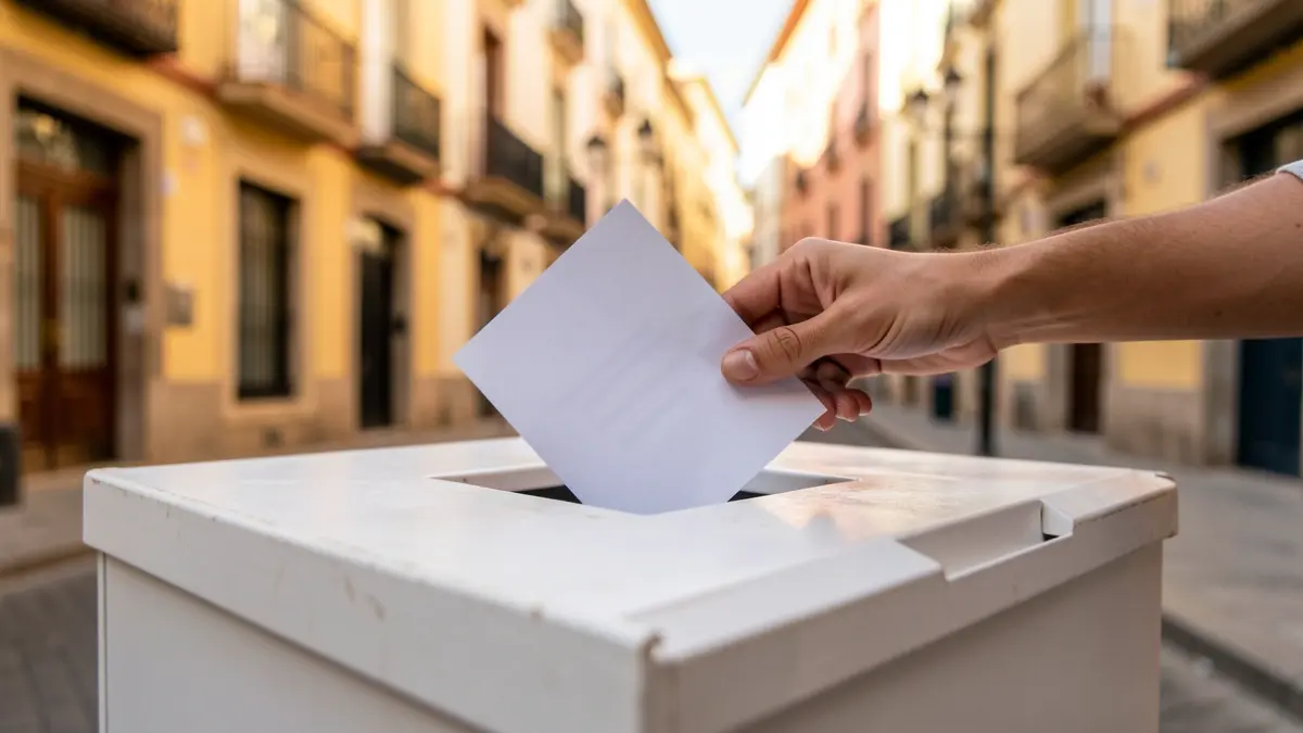Imagen genérica de una urna electoral con un voto entrando, en un entorno urbano mediterráneo.