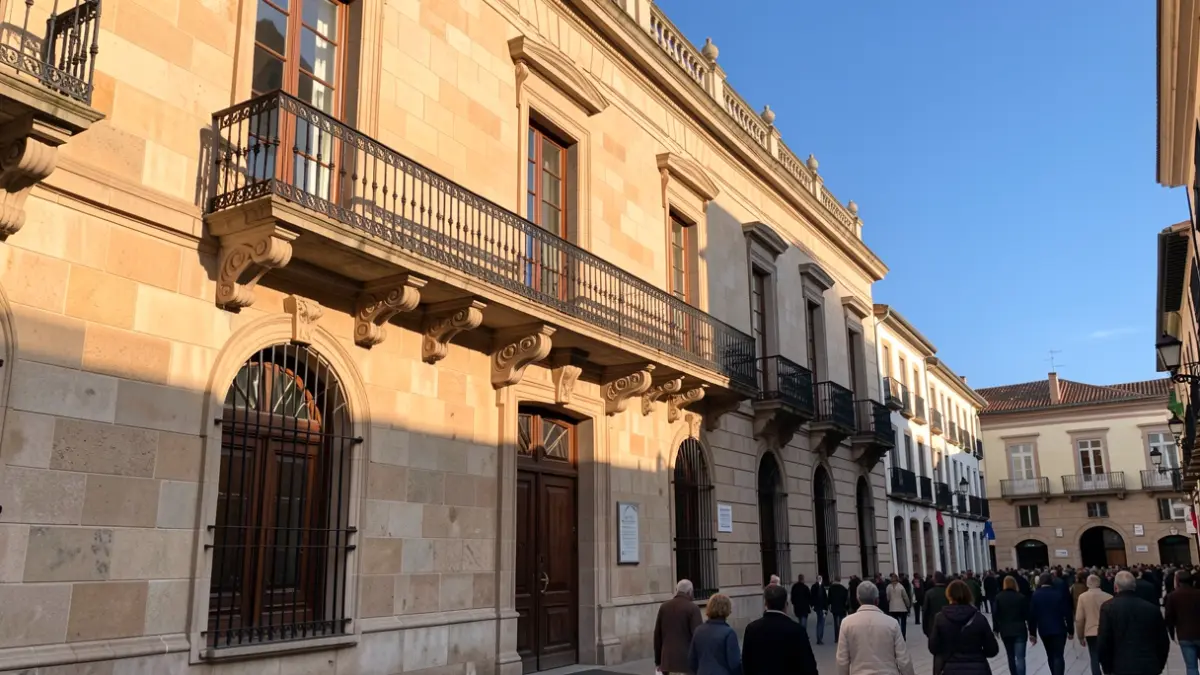 Generic image of a municipal building with a balcony and summer light.