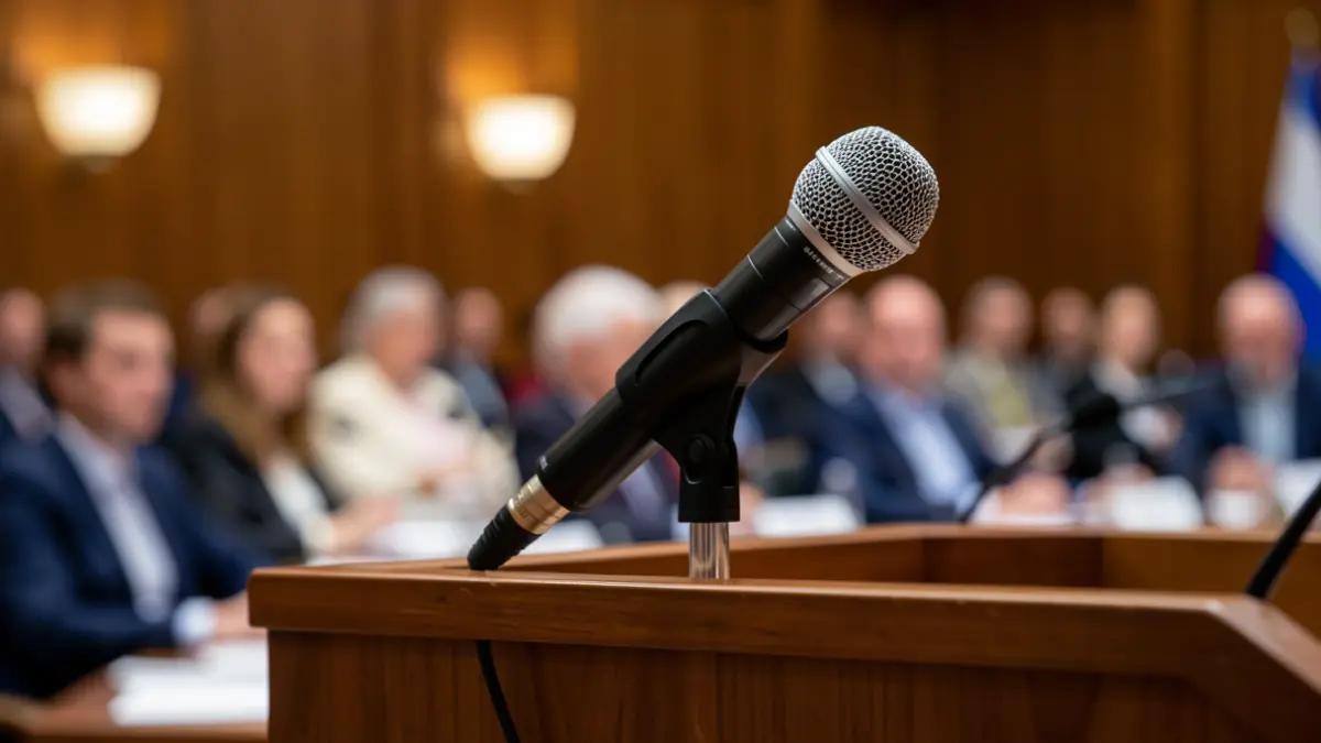Imagen genérica de un atril con micrófono en una sala de reuniones.