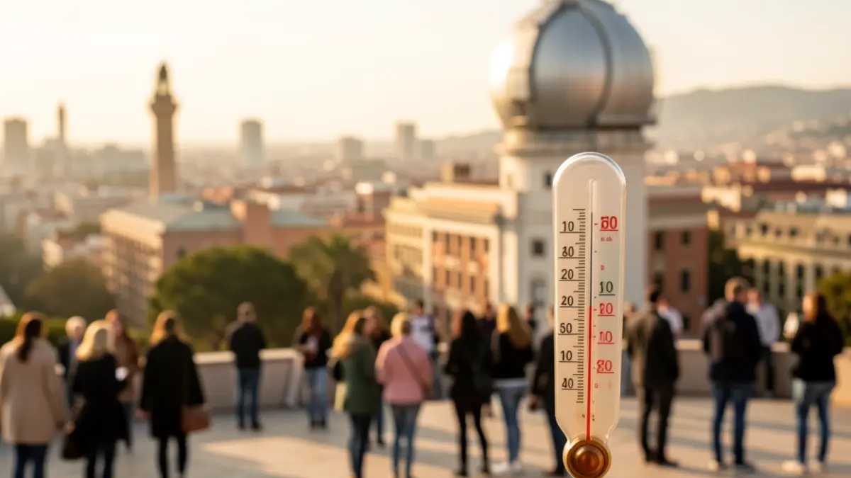 Thermometer showing high temperature with the Fabra Observatory and Barcelona in the background.