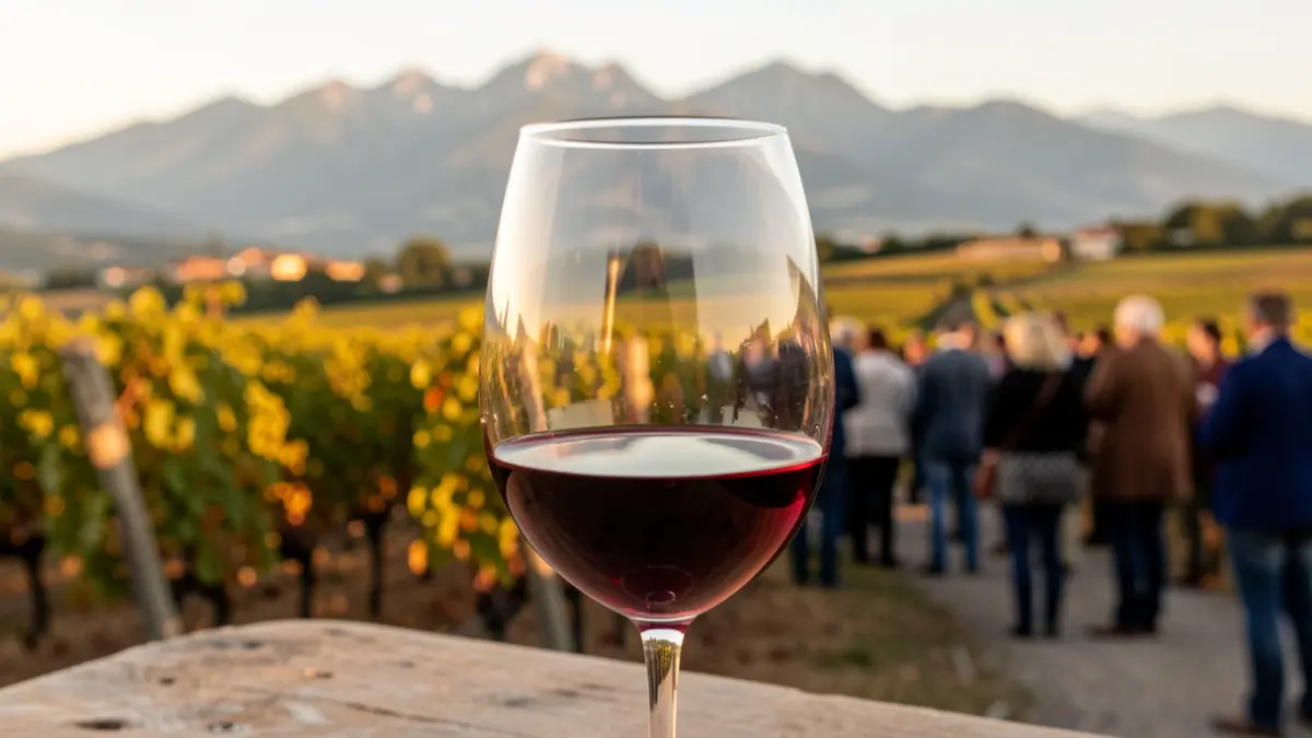 Copa de vino con paisaje del Pirineo al fondo.