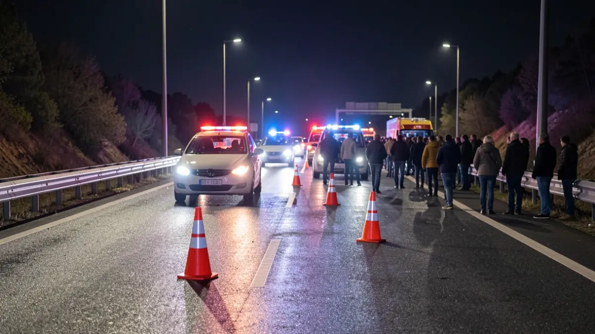 Generic image of a highway with traffic signs and emergency lights.