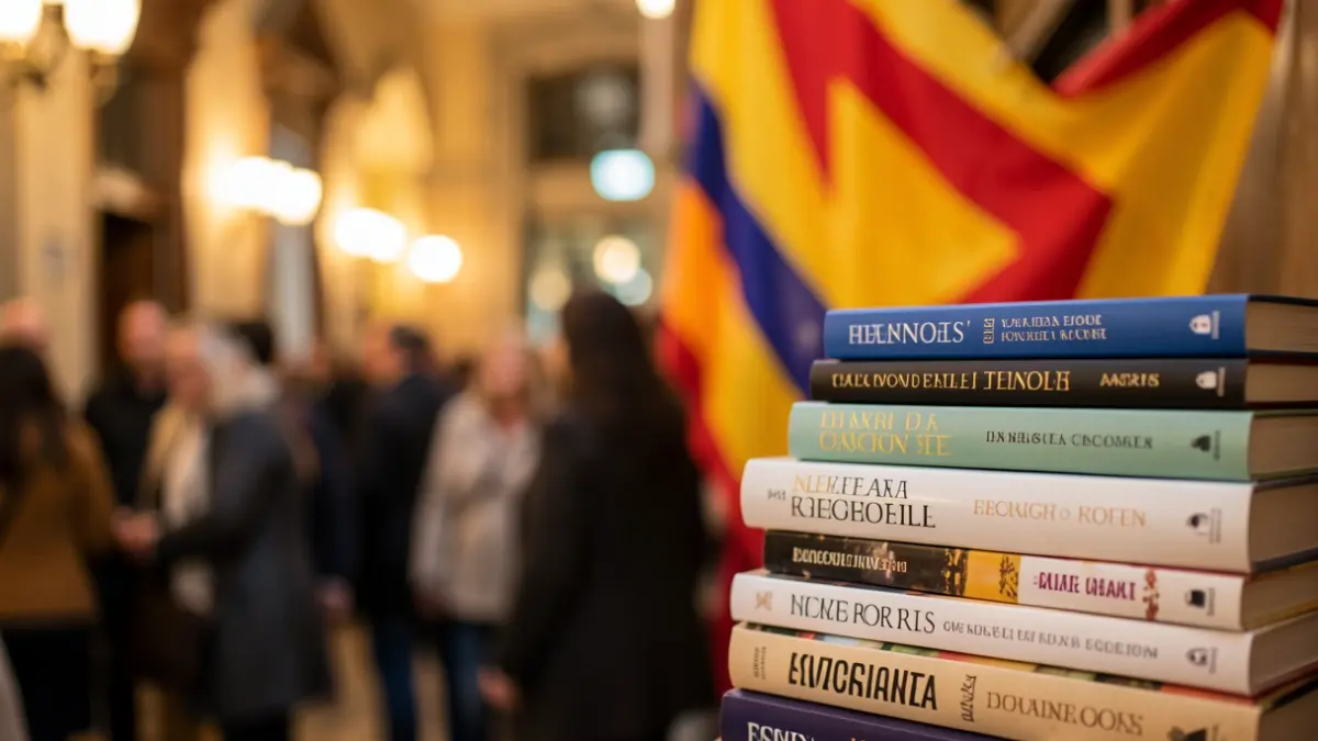 Generic image of books with a Catalan flag in the background.