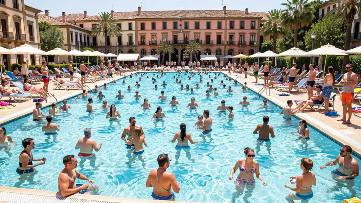Imagen genérica de una piscina pública en Barcelona llena de gente buscando refugio del calor.
