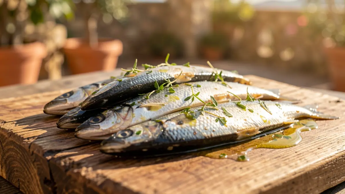 Fresh sardines prepared for cooking with oil and herbs.