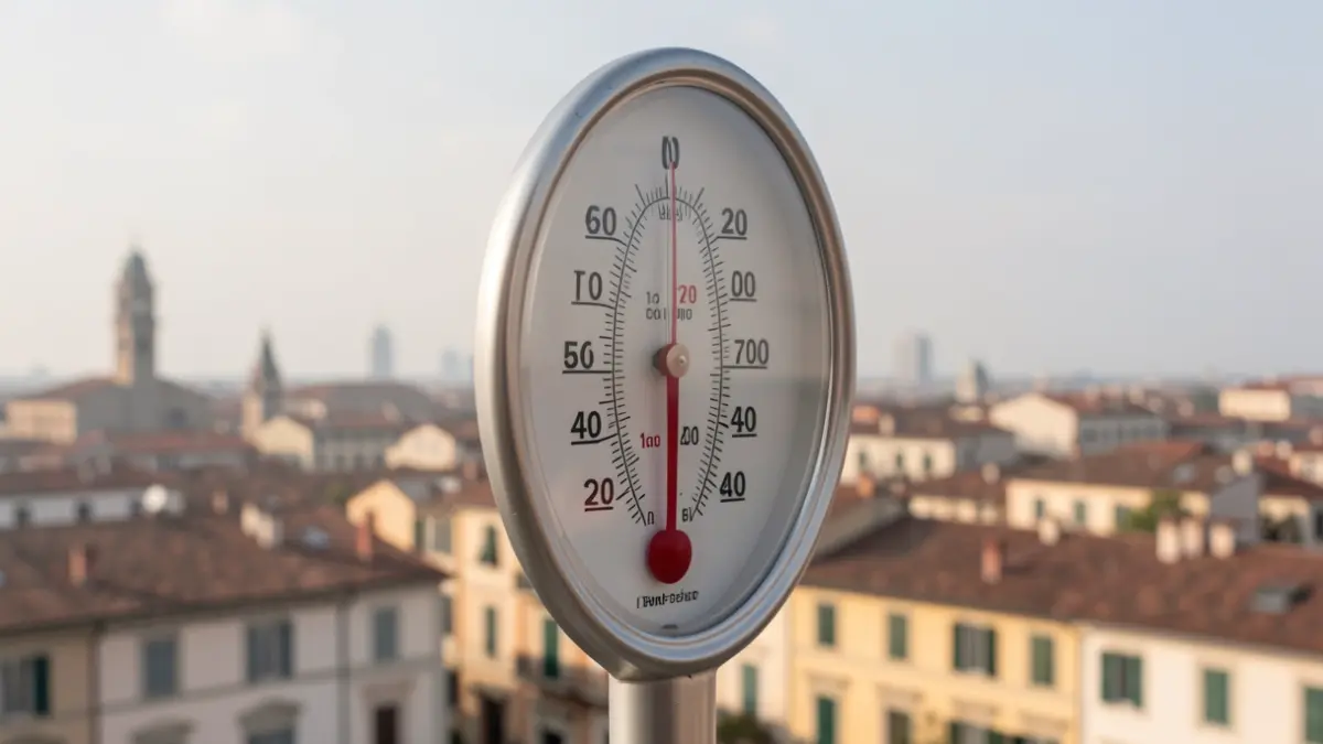 Termómetro que indica alta temperatura con una ciudad mediterránea al fondo.