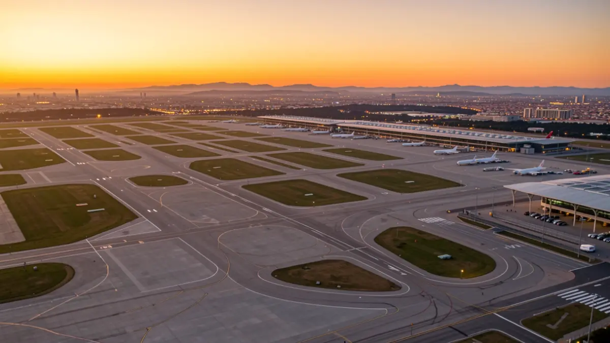 Vista aèria de l'aeroport de Barcelona-El Prat al capvespre.