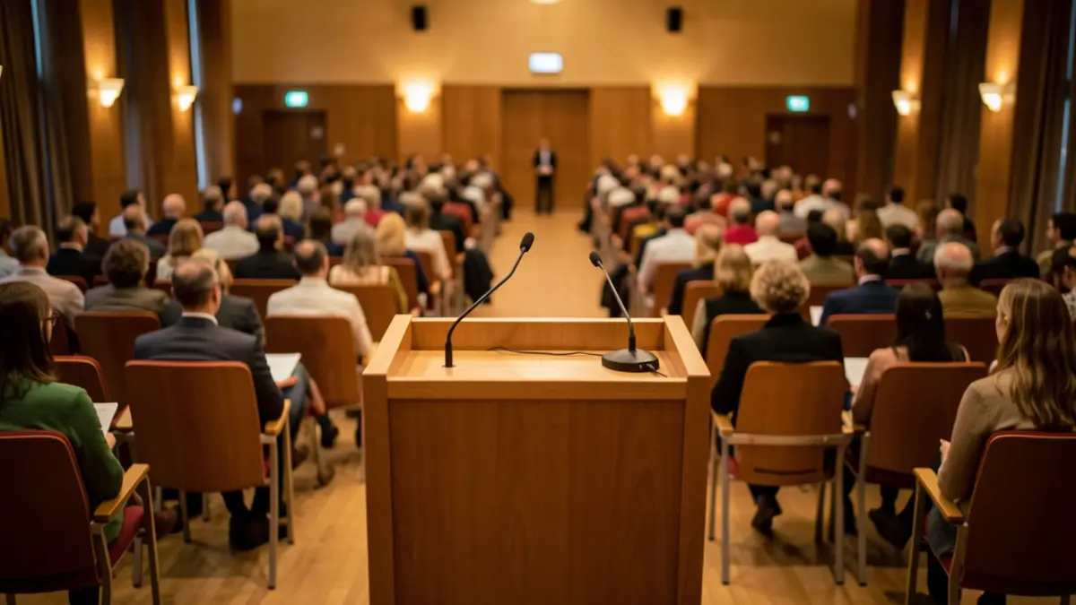 Imagen genérica de un auditorio con un atril vacío.